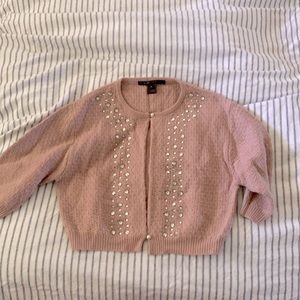 Marc Jacobs 100% wool knit Pink Jeweled cardigan Sweater w/ Pearls
